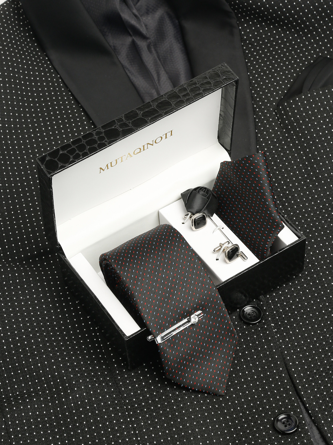 MUTAQINOTI Men Floral Black Silk Necktie Accessory Gift Set