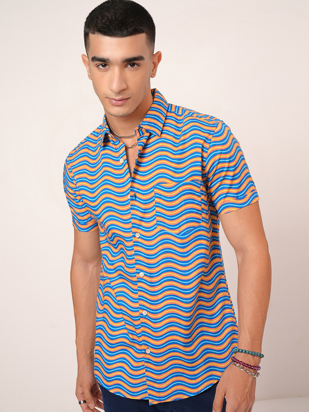 HIGHLANDER Men Navy Blue & Peach Slim Fit Printed Cotton Casual Shirt