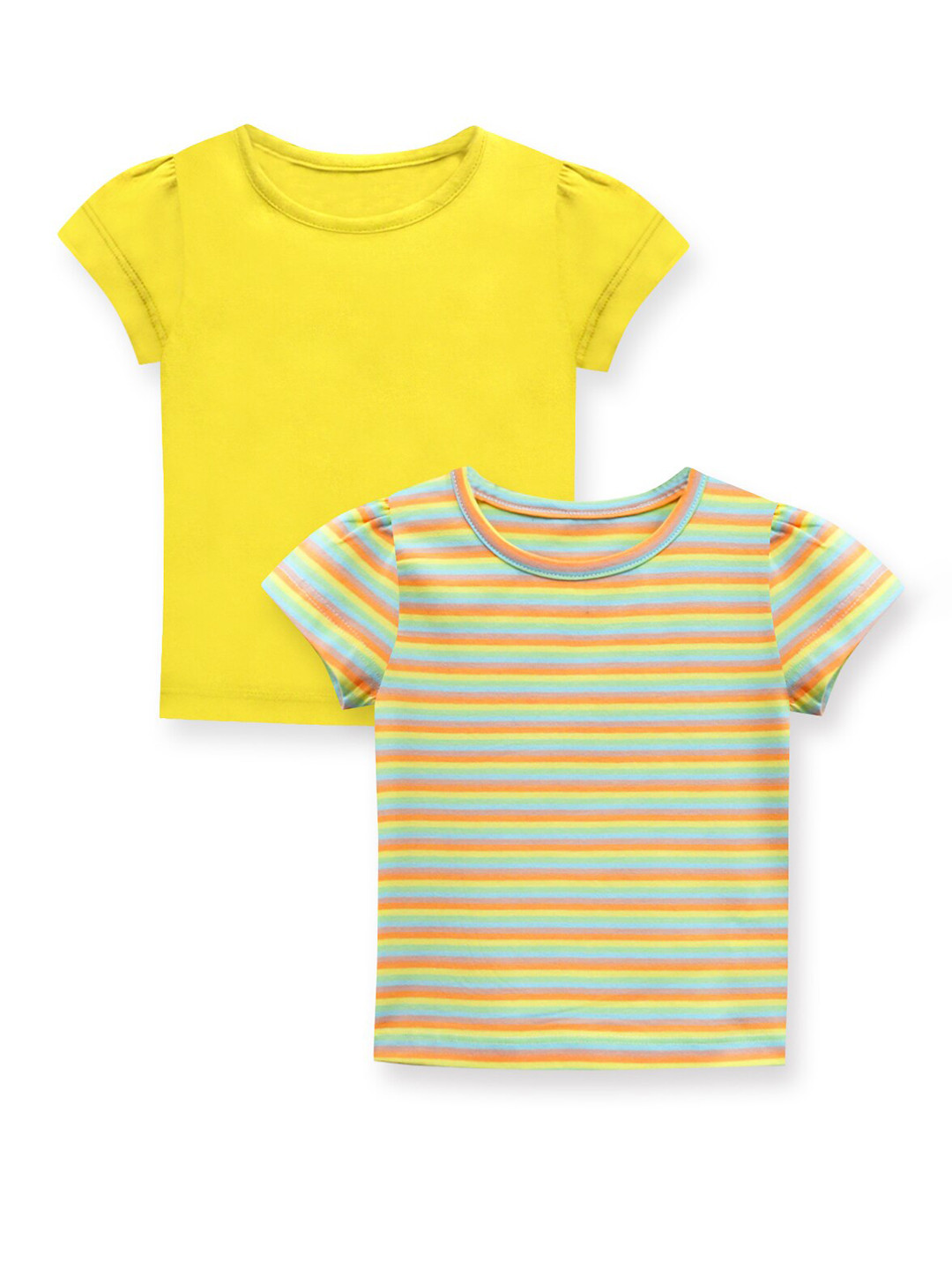 A T U N Girls Yellow Pack of 2 Striped T-shirt