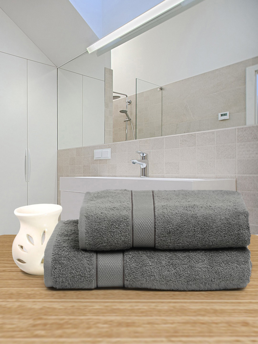 Creeva Grey Solid 525 GSM 2 Pc Couple Bath Towel Set