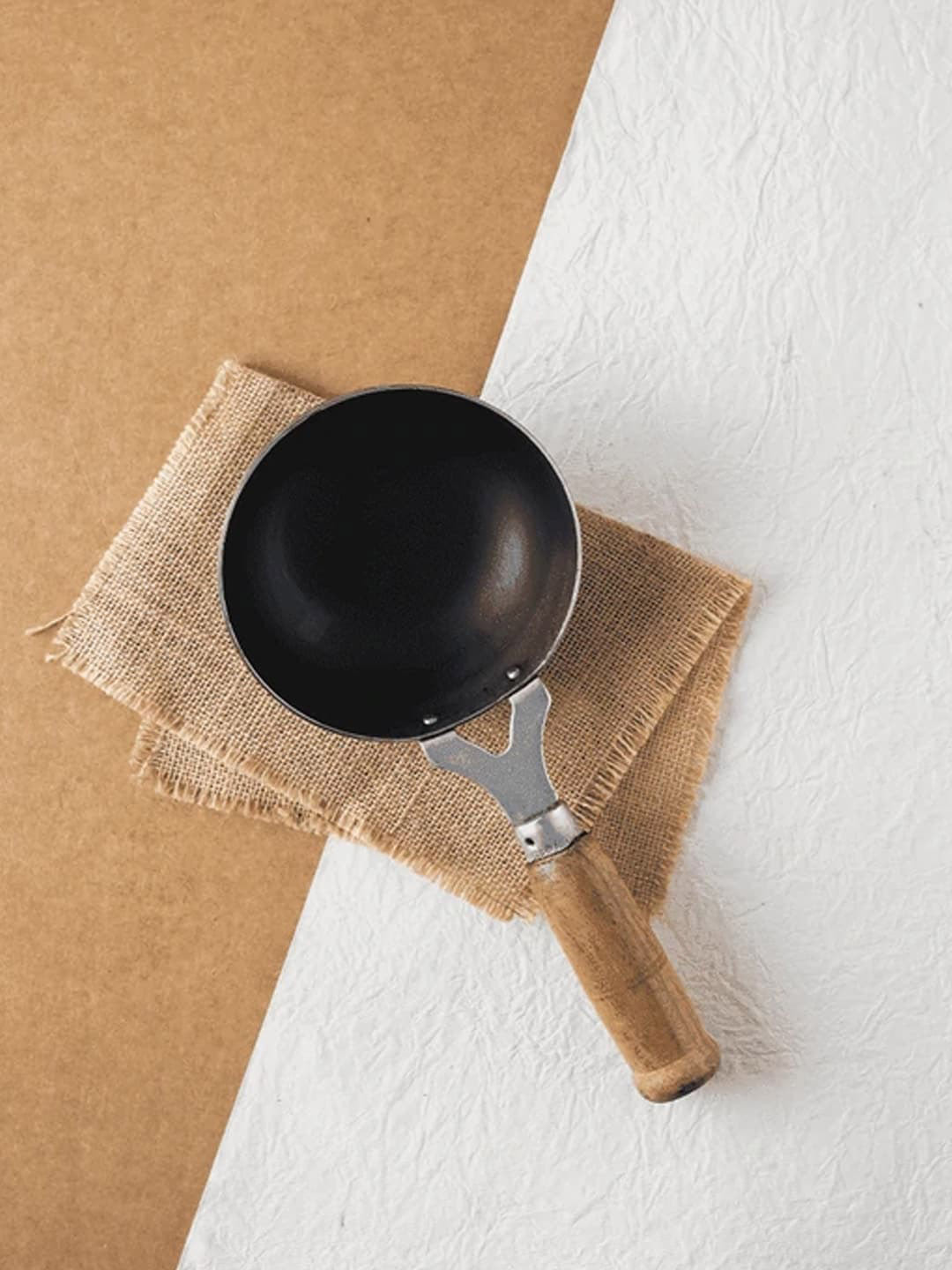 The Indus Valley Black Pre-Seasoned Iron Tadka Pan with Wooden Handle Non-Stick - 500ml