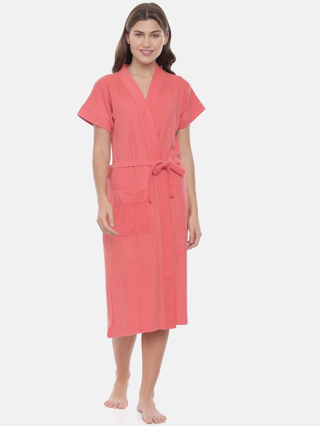 GOLDSTROMS Carrot Red Solid Cotton Drawstring Knee Length Bath Robe