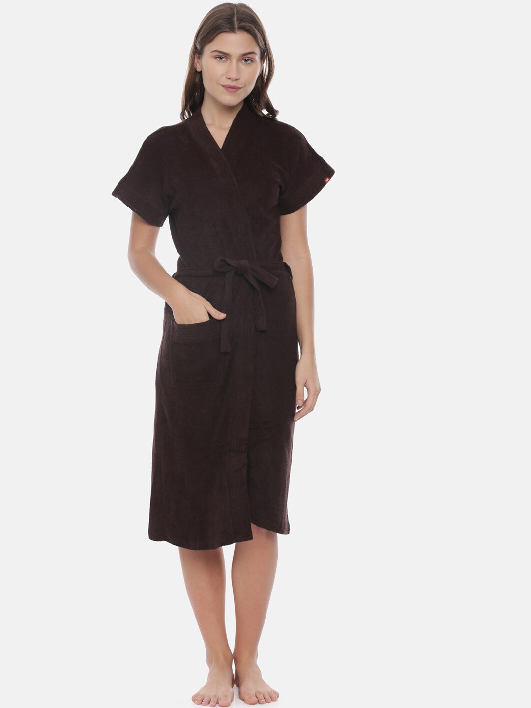 GOLDSTROMS Coffee Brown Solid Cotton Drawstring Knee Length Bath Robe