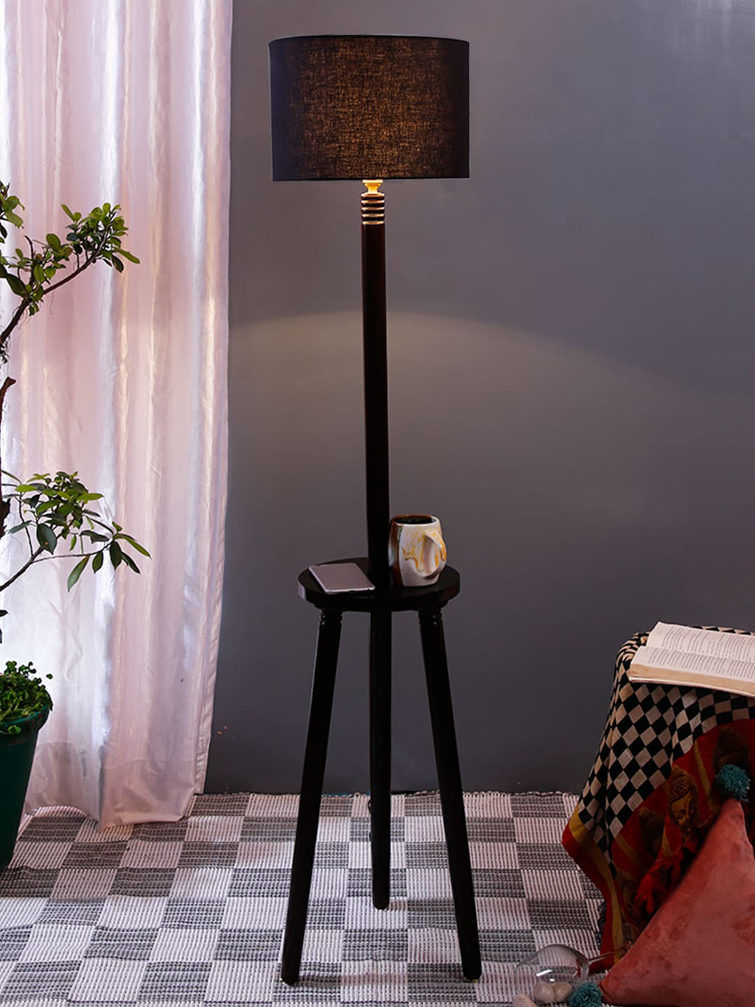 Devansh Black Solid Floor Lamp With Cotton Shade