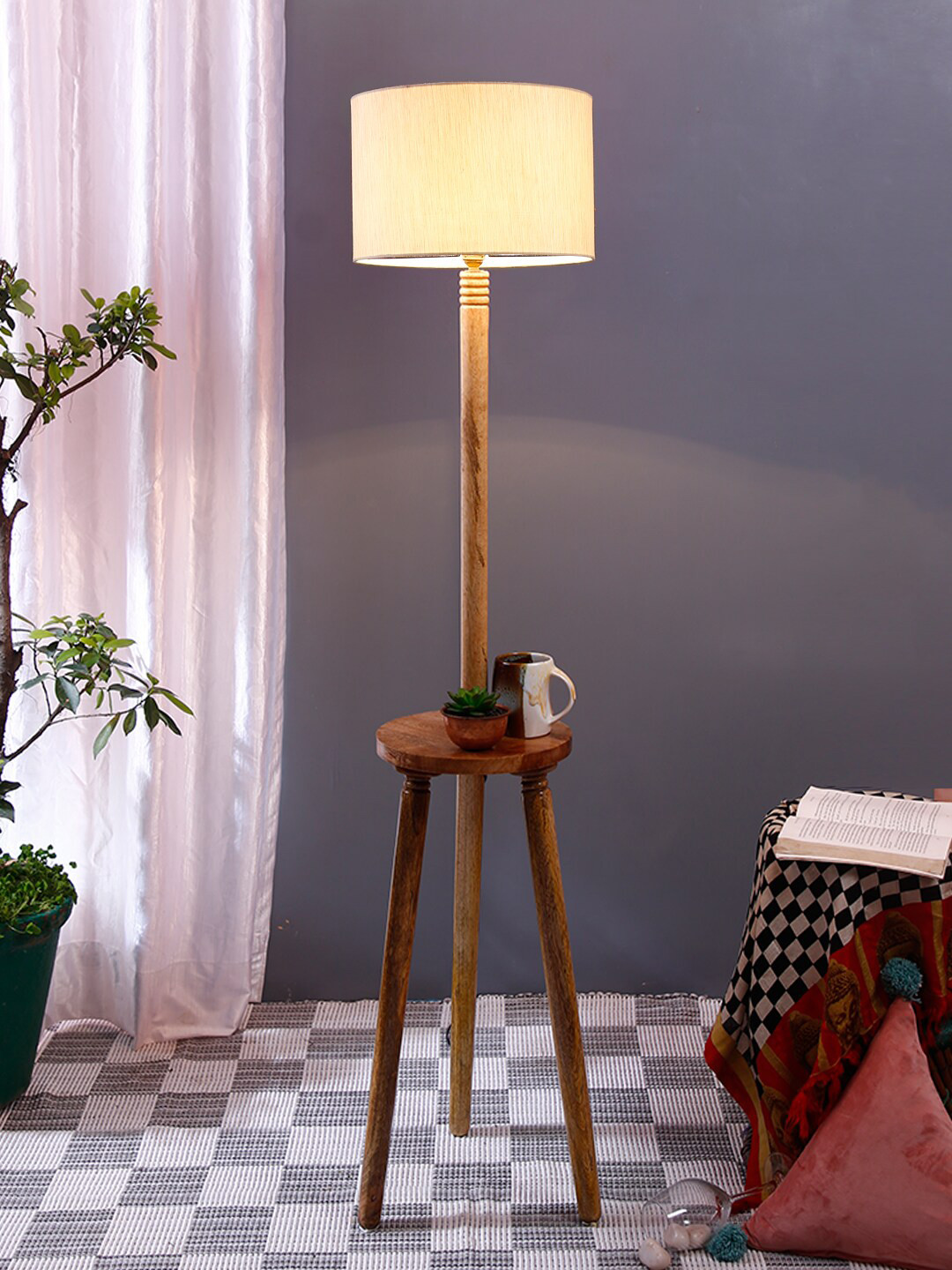 Devansh Off-White Wooden Table Floor Lamp with Cotton Shade