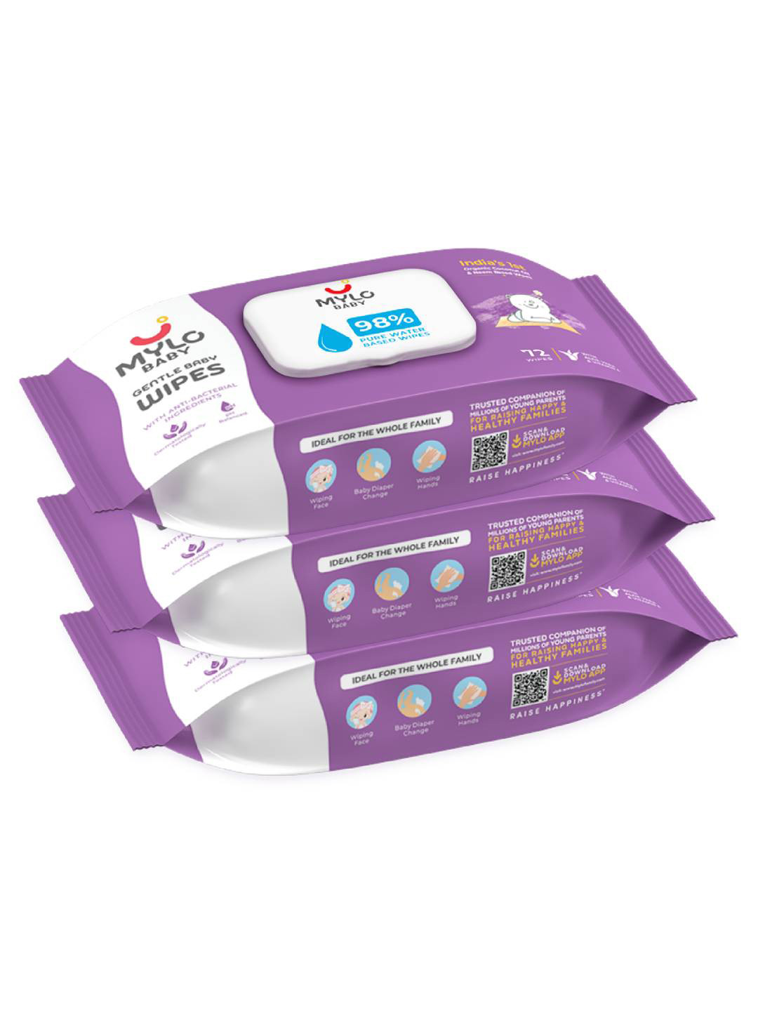 Mylo Pack of 3 White Cleansing Baby Wipes with Coconut Oil & Neem with Lid 72 pcs