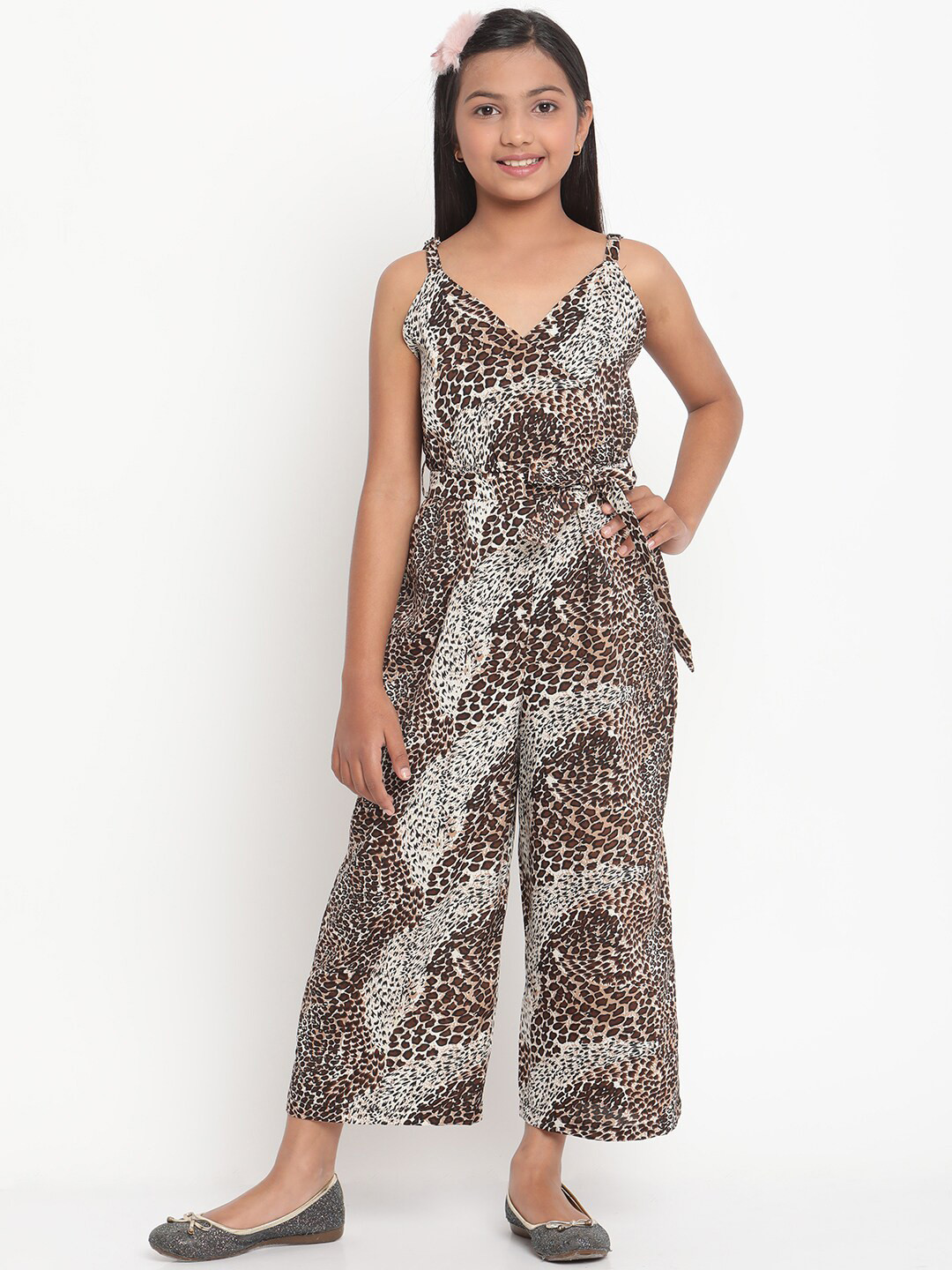 Stuffie Land Girls White & Brown Printed Basic Jumpsuit