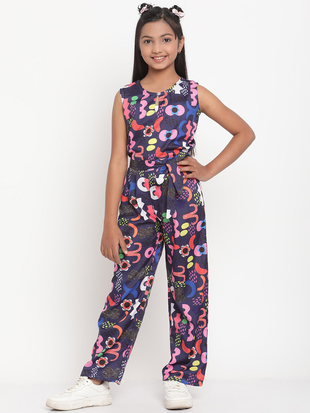 Stuffie Land Girls Blue & Grey Printed Basic Jumpsuit