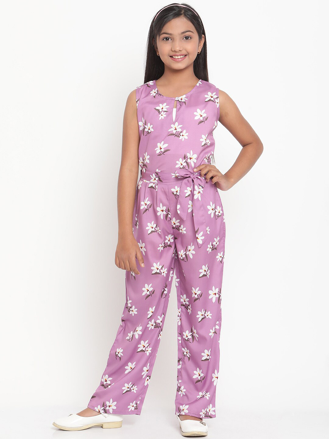 Stuffie Land Girls Purple & White Printed Basic Jumpsuit