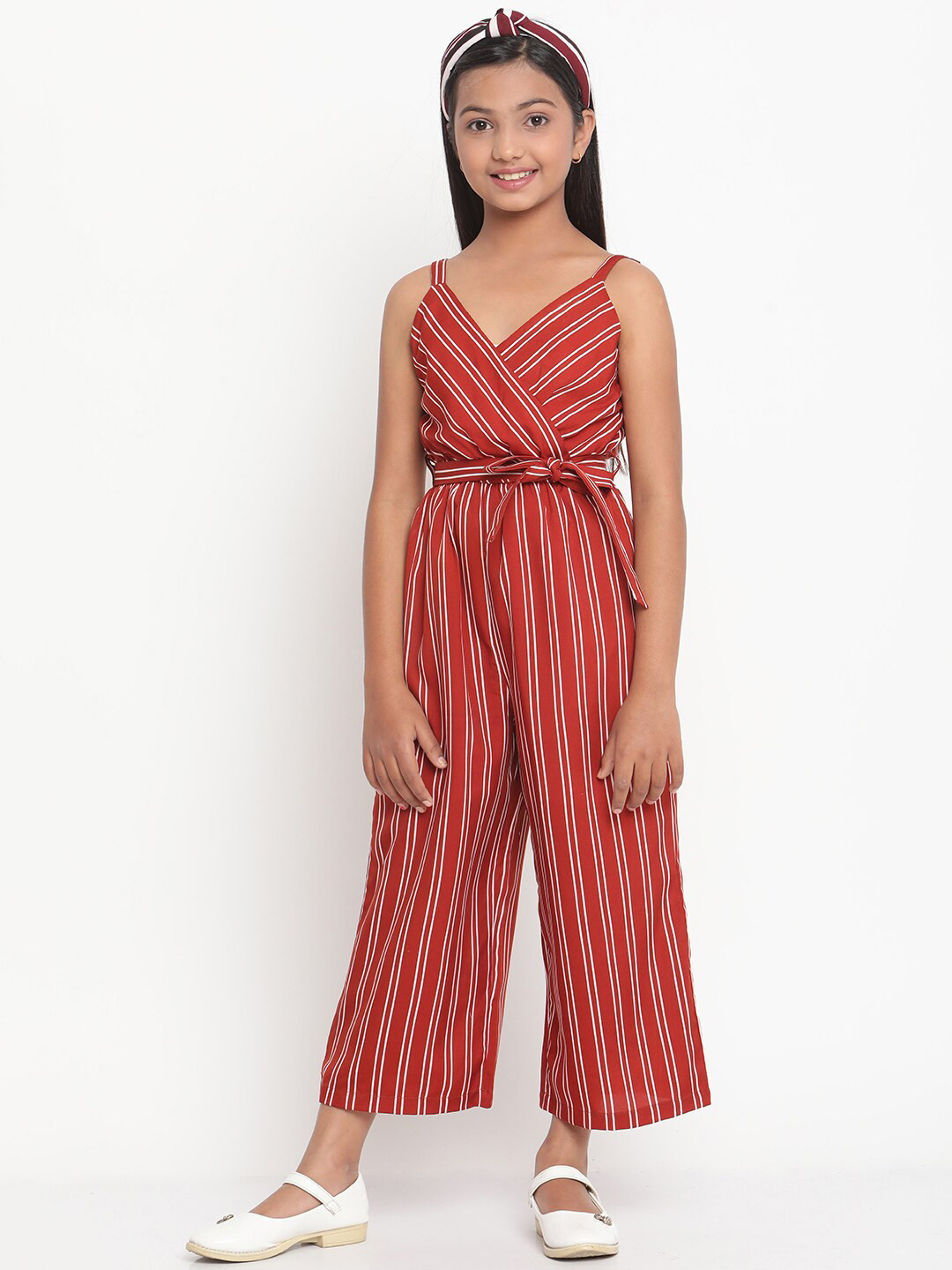 Stuffie Land Girls Red & White Printed Basic Jumpsuit