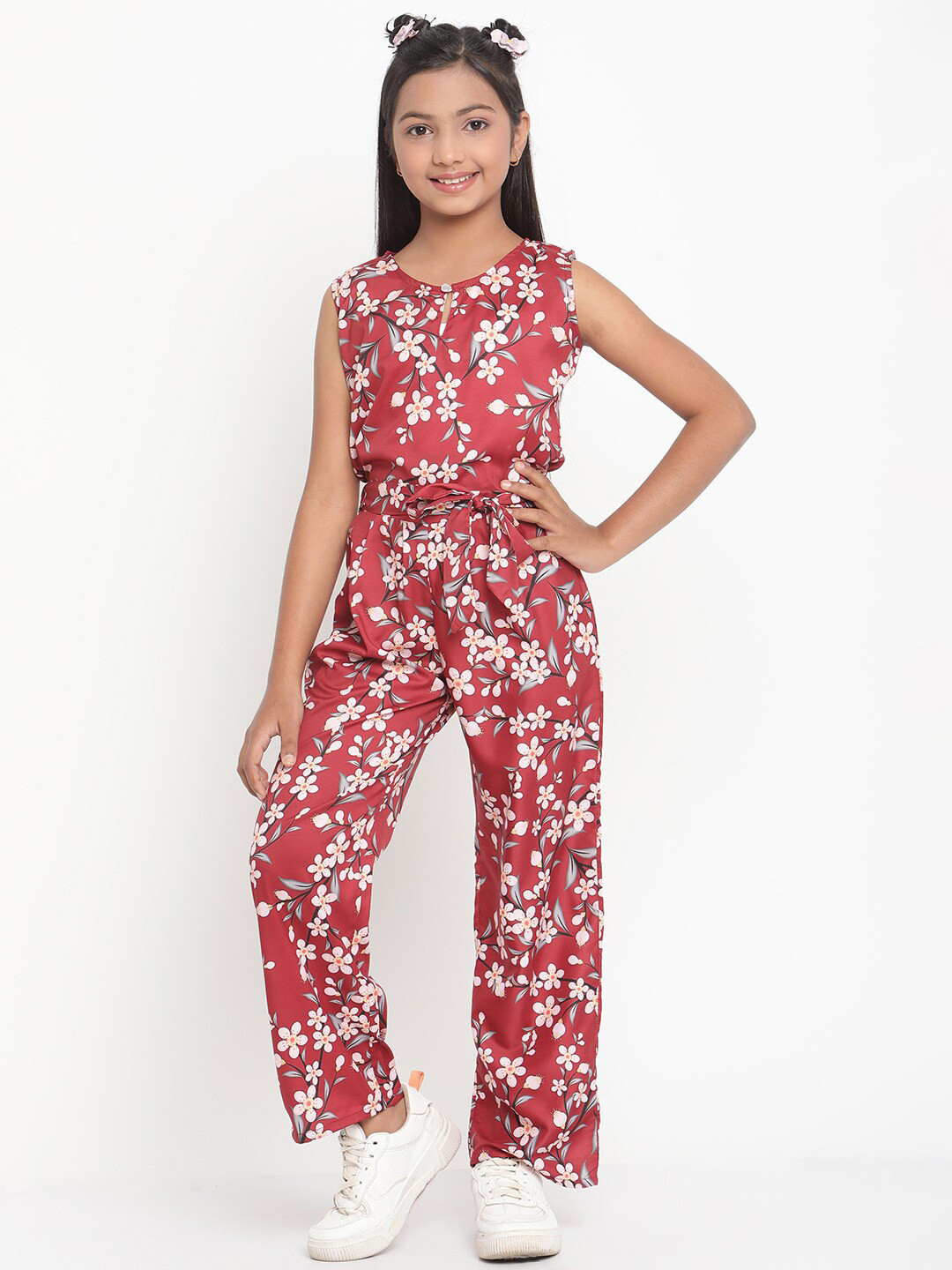 Stuffie Land Girls Red & White Printed Basic Jumpsuit