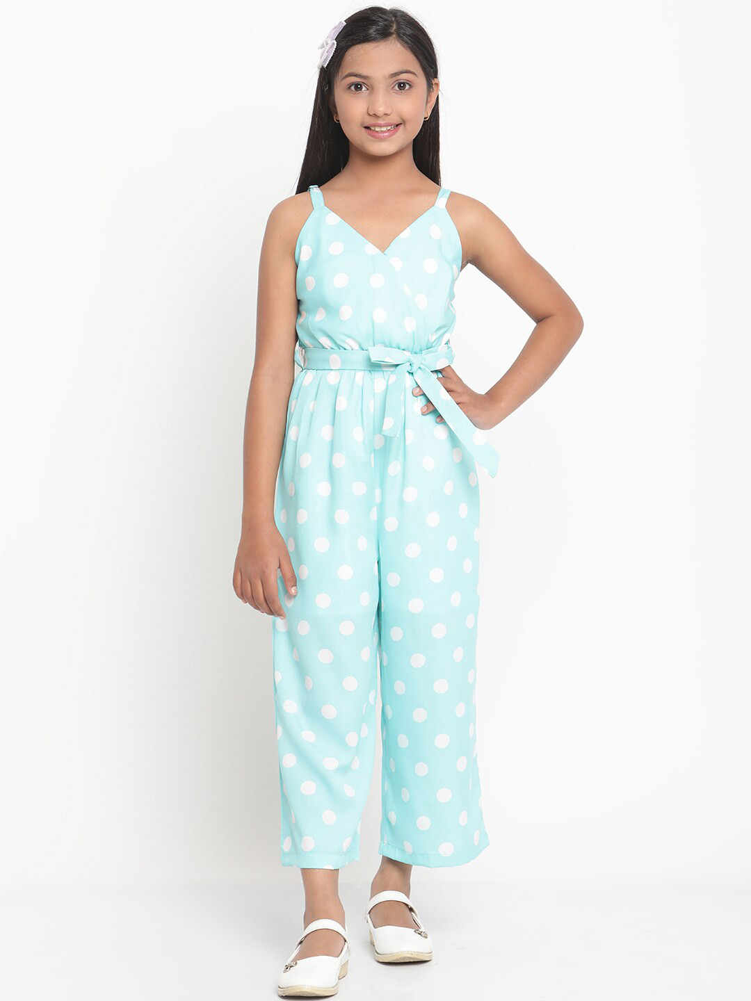 Stuffie Land Girls Blue & White Polka Dots Printed Basic Jumpsuit