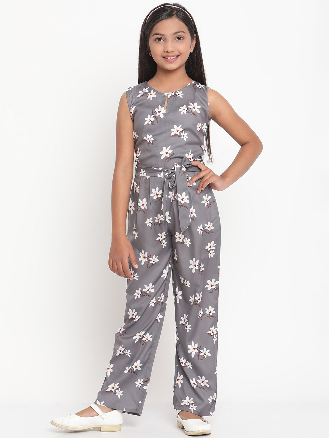 Stuffie Land Girls Grey & White Printed Basic Jumpsuit