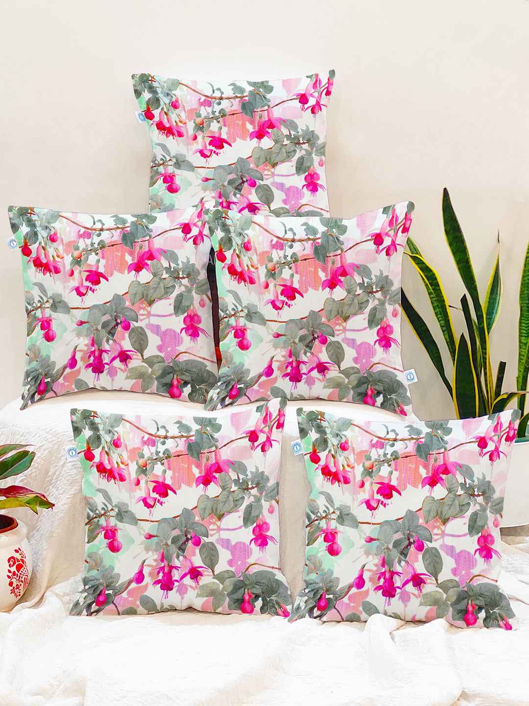 STITCHNEST Green Floral Polyester Silk Lightweight 5 Piece Square Cushion Covers