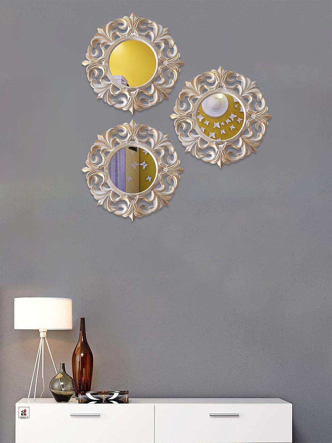 Art Street Set Of 3 Gold-Toned Round Shape Framed Wall Mirrors