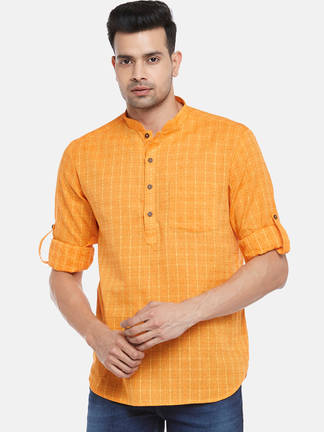indus route by Pantaloons Men Mustard Yellow & White Checked Cotton Dobby Kurta