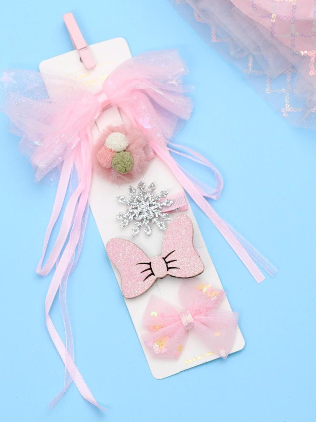 Yellow Bee Girls White & Pink Set of 5 Fur Alligator Hair Clip