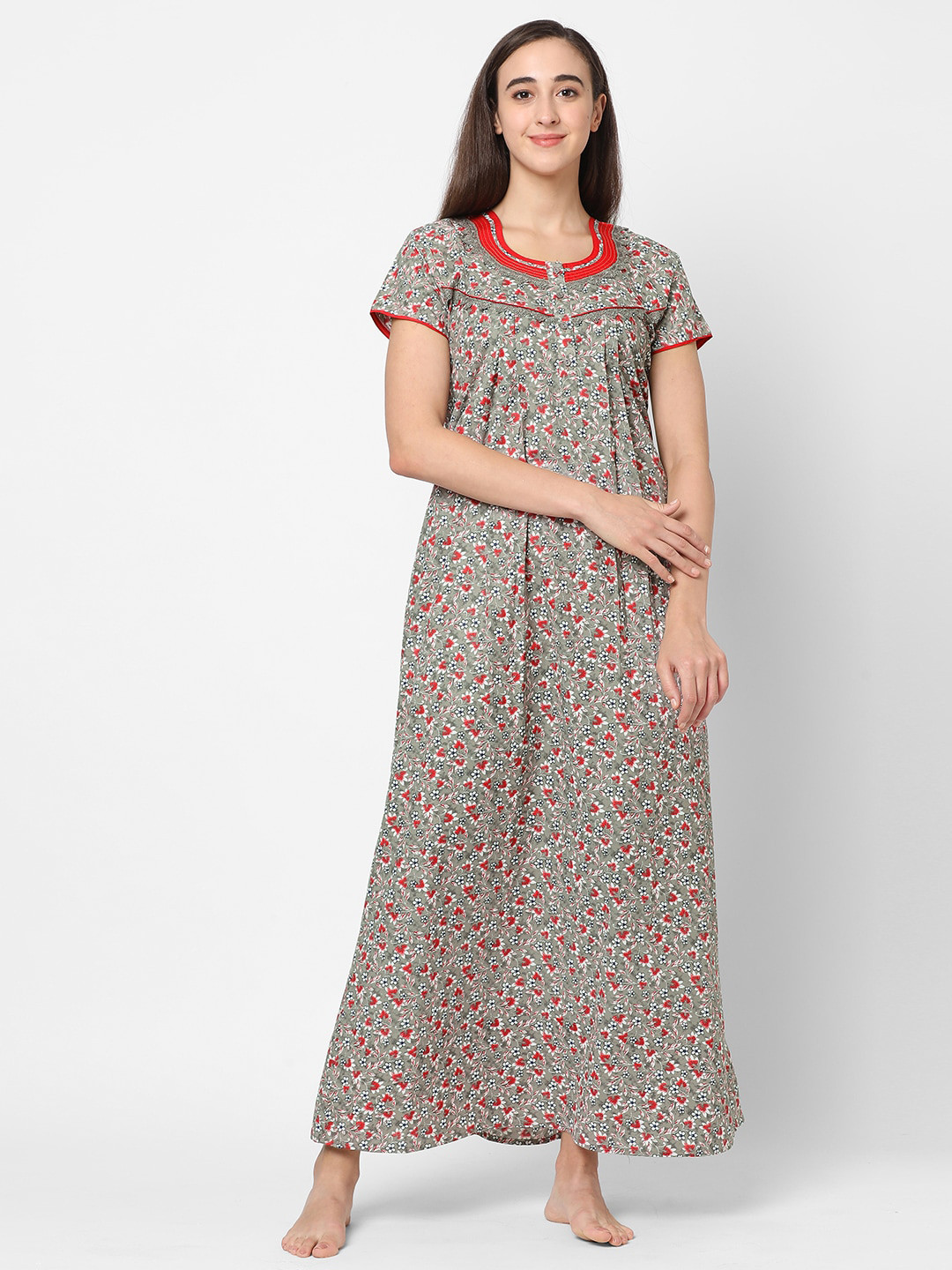 Sweet Dreams Women Khaki Floral Printed Maxi Nightdress
