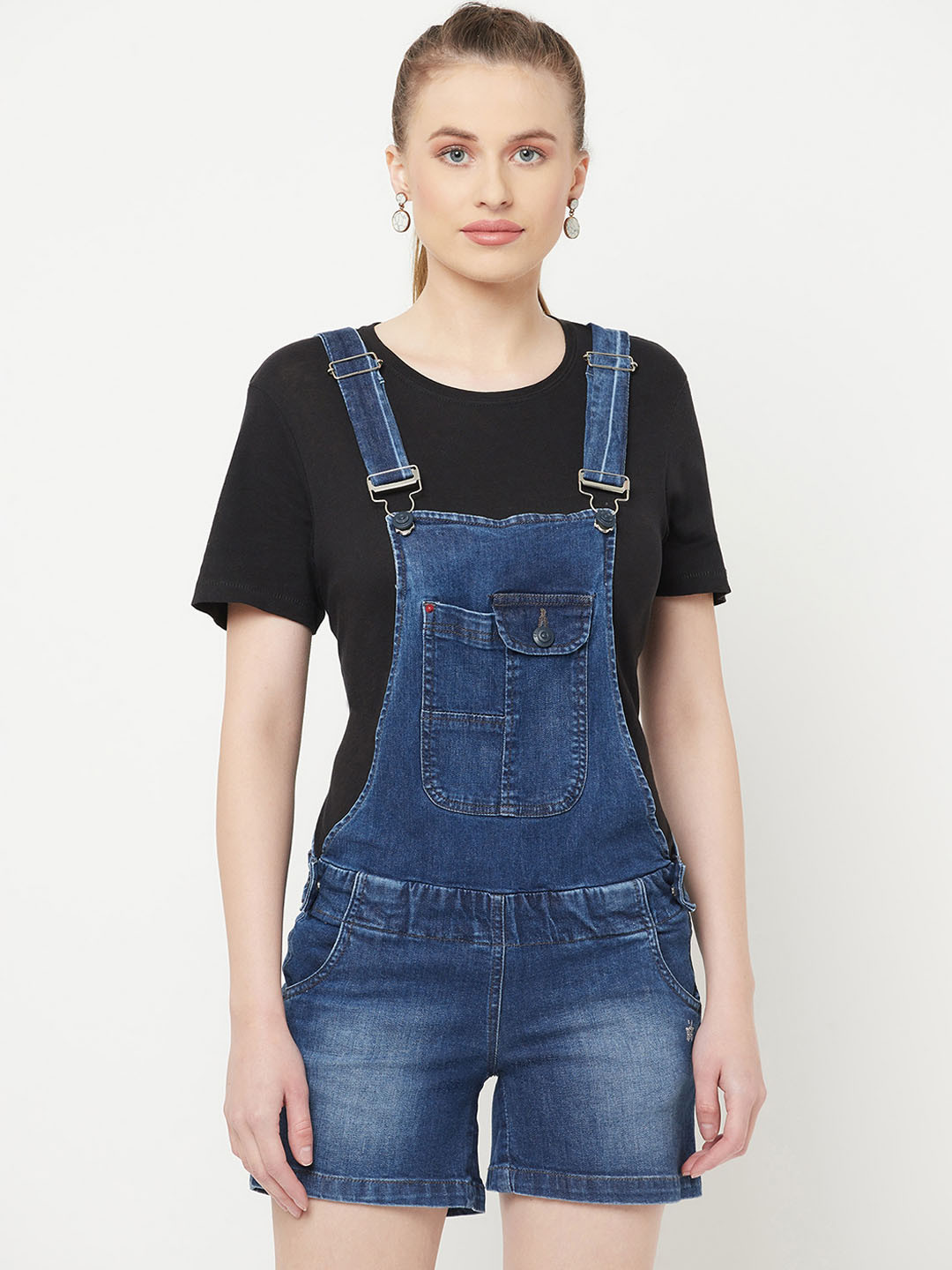Crimsoune Club Women Blue Solid Straight-Leg Denim Dungarees