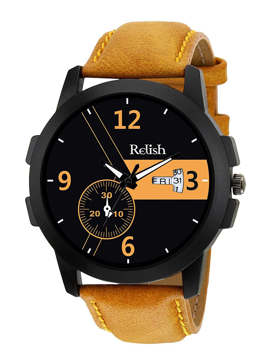 Relish Men Black Printed Dial & Yellow Straps Analogue Watch