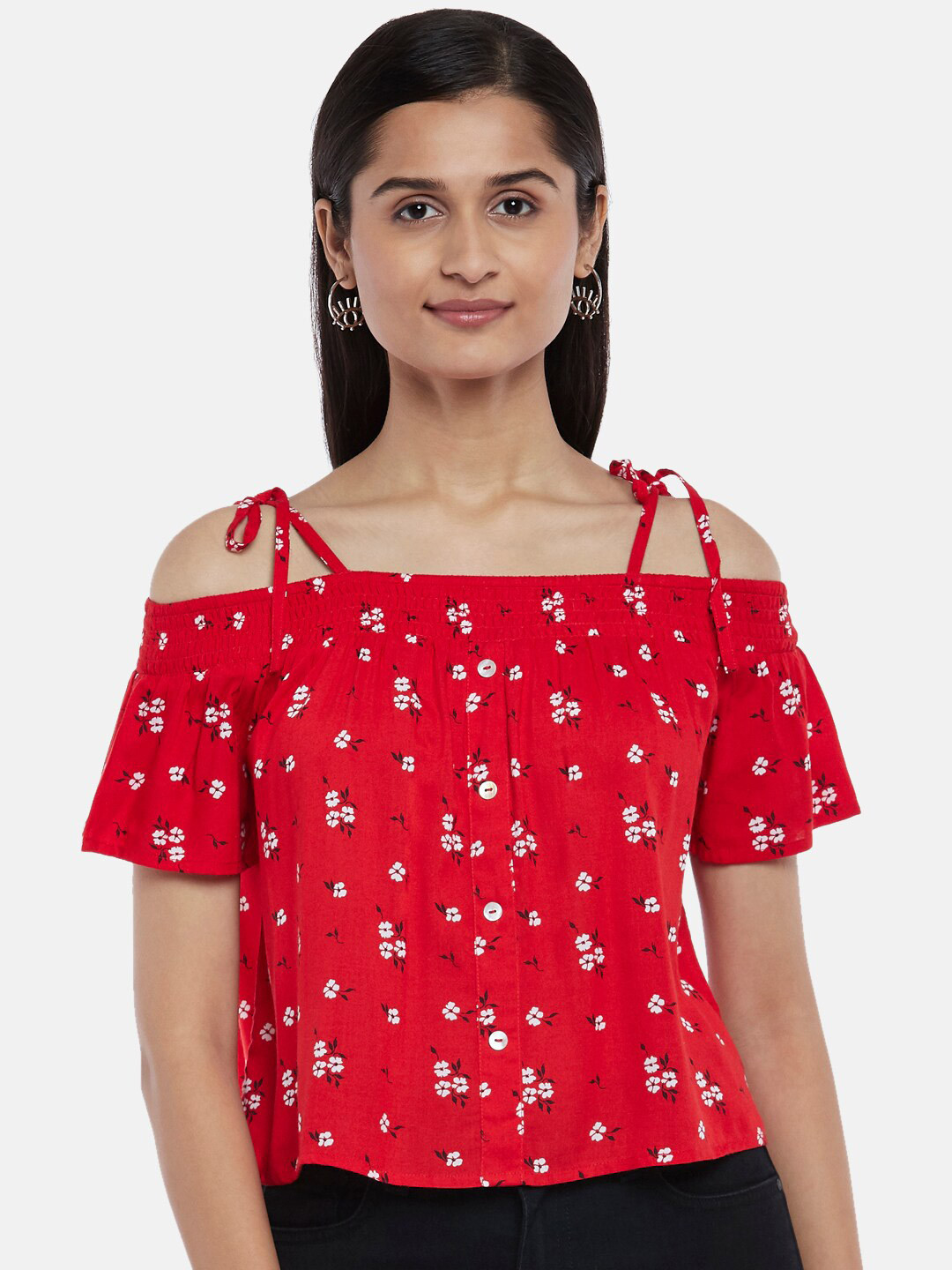 People Red & White Floral Print Bardot Top