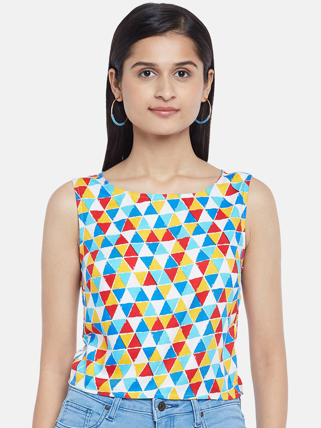 People White & Blue Geometric Print Top