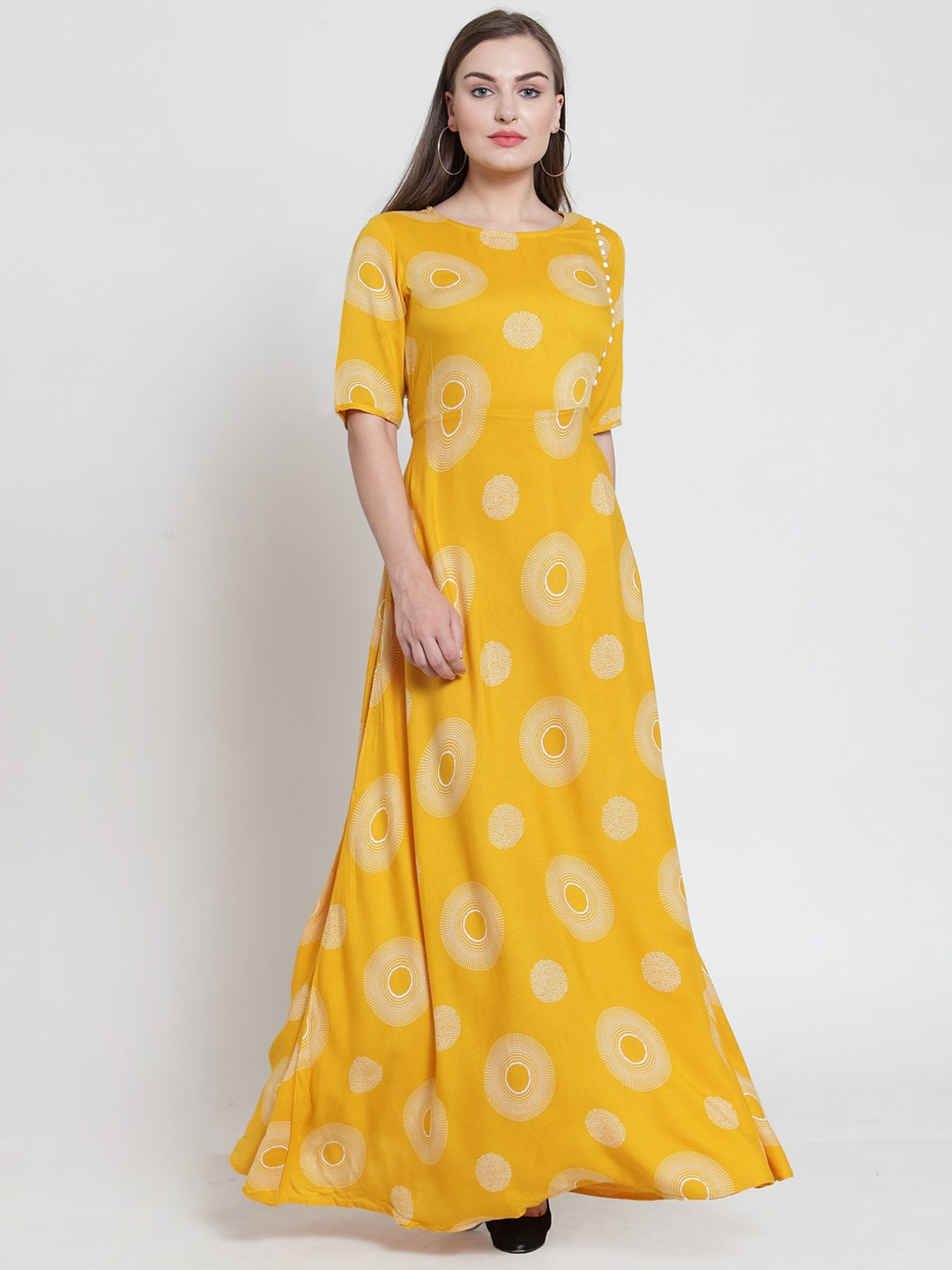 Purple State Yellow Boat Neck Printed Maxi Dress