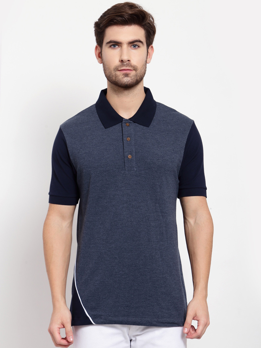 Kalt Men Navy Blue & Black Polo Collar T-shirt