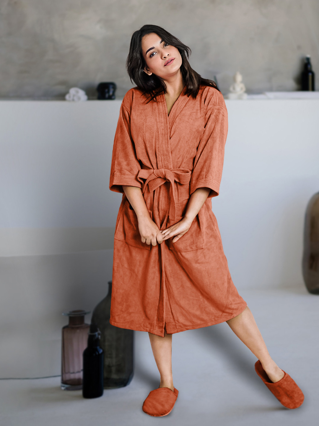 Aura Adults Rust Brown Caldezonia Microfiber Bathrobe with Slipper