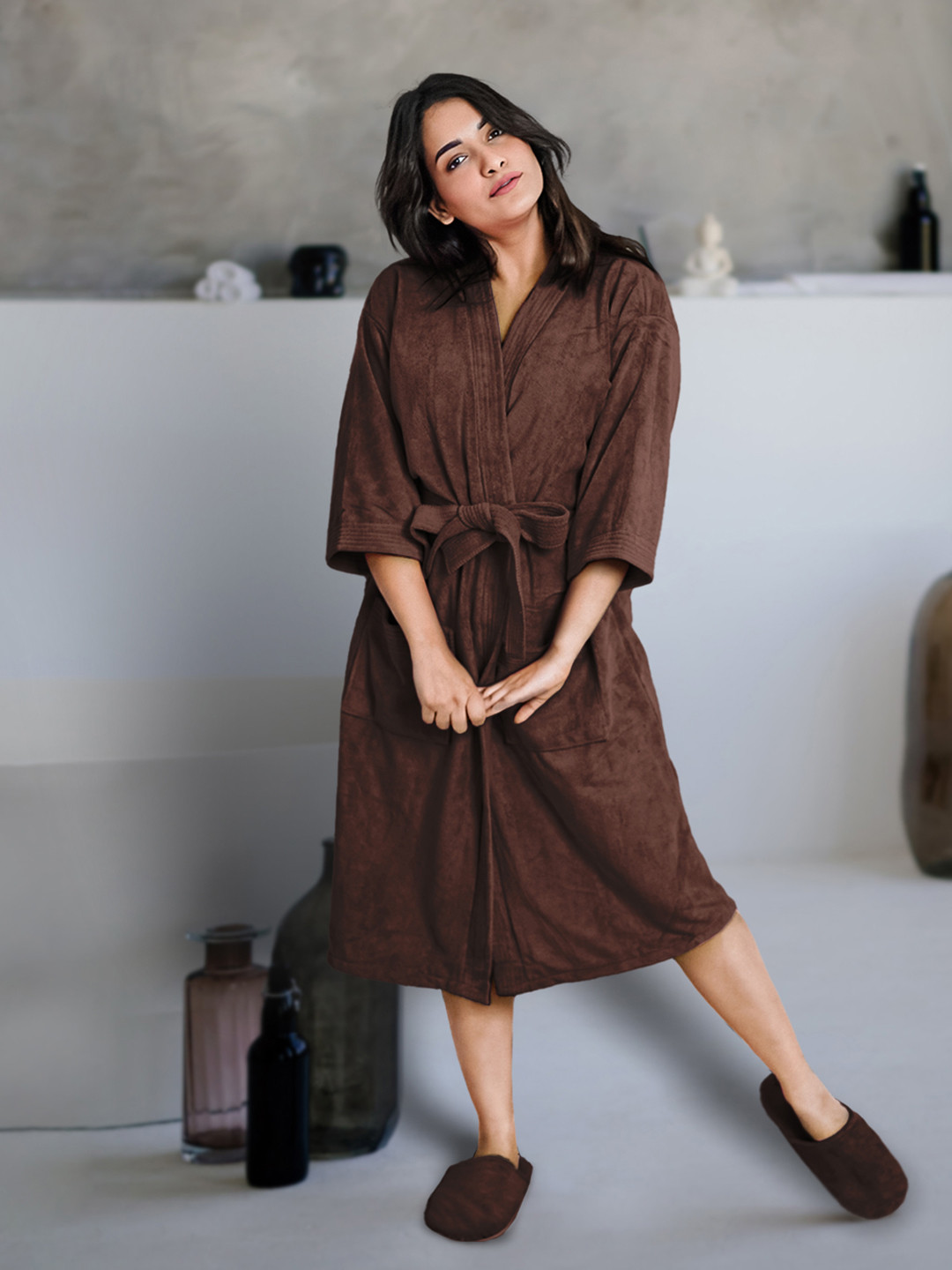 Aura Unisex Brown Microfiber Bathrobe with Slippers