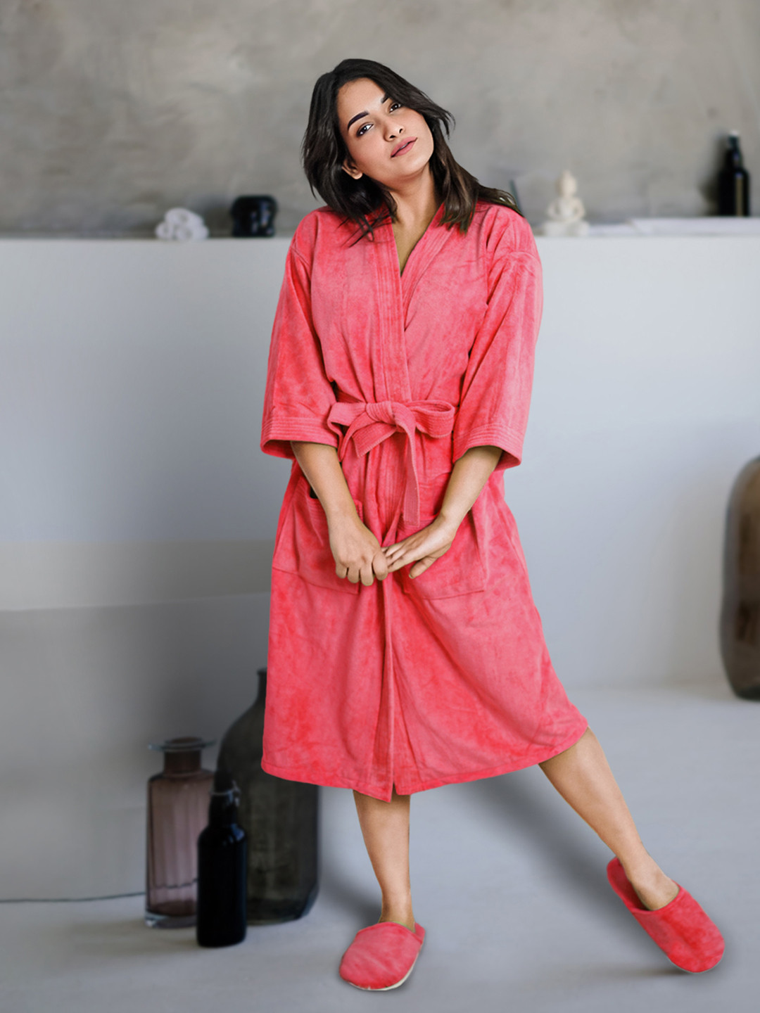 Aura Unisex Red Terry Cotton Bathrobe with Slipper