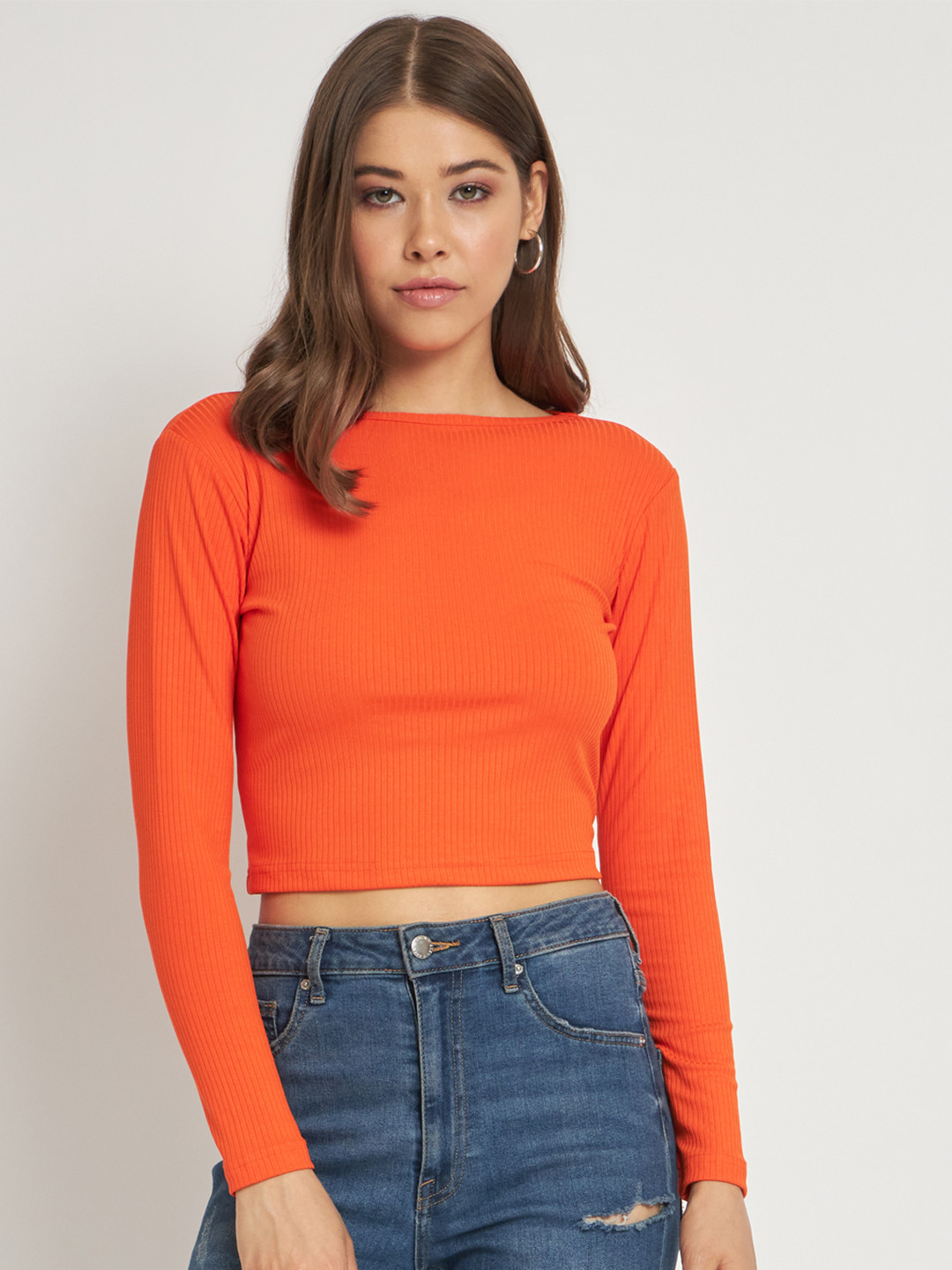 ANVI Be Yourself Women Orange Yellow Boat Neck Long Sleeve Ribbed Crop Top
