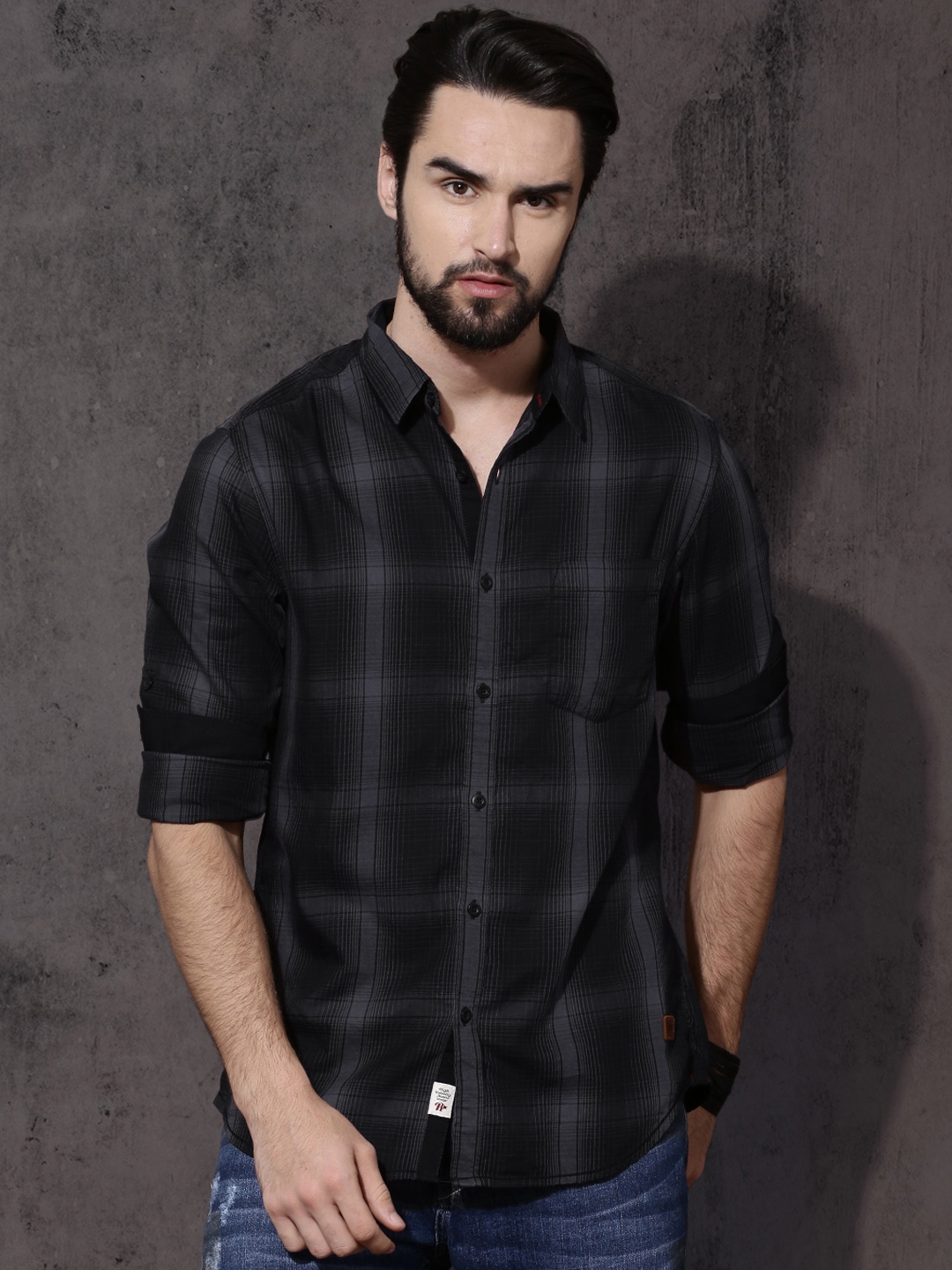 Buy Roadster Men Black & Grey Shadow Check Sustainable Casual Shirt - Shirts  for Men 1667077