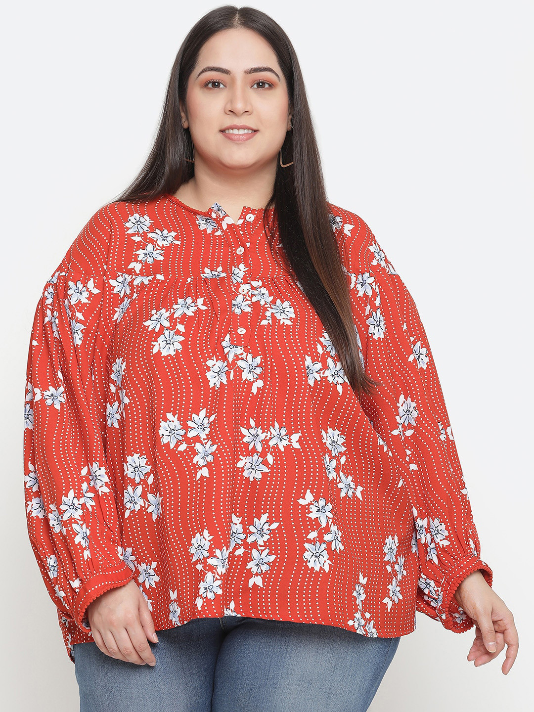 Oxolloxo Plus Size Rust & White Floral Print Shirt Style Top
