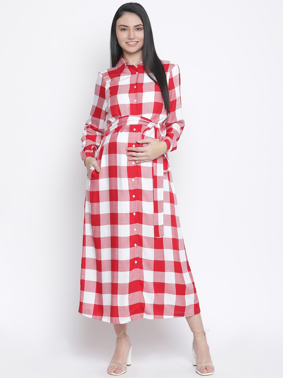 Oxolloxo Red & White Checked Crepe Maternity Shirt Midi Dress