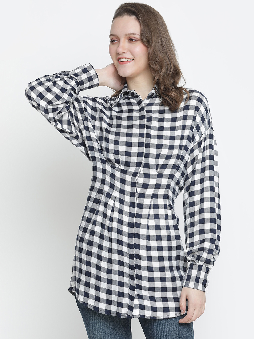 Oxolloxo Women Navy Blue & White Viscose Rayon Shirt Collar Checked Tunic