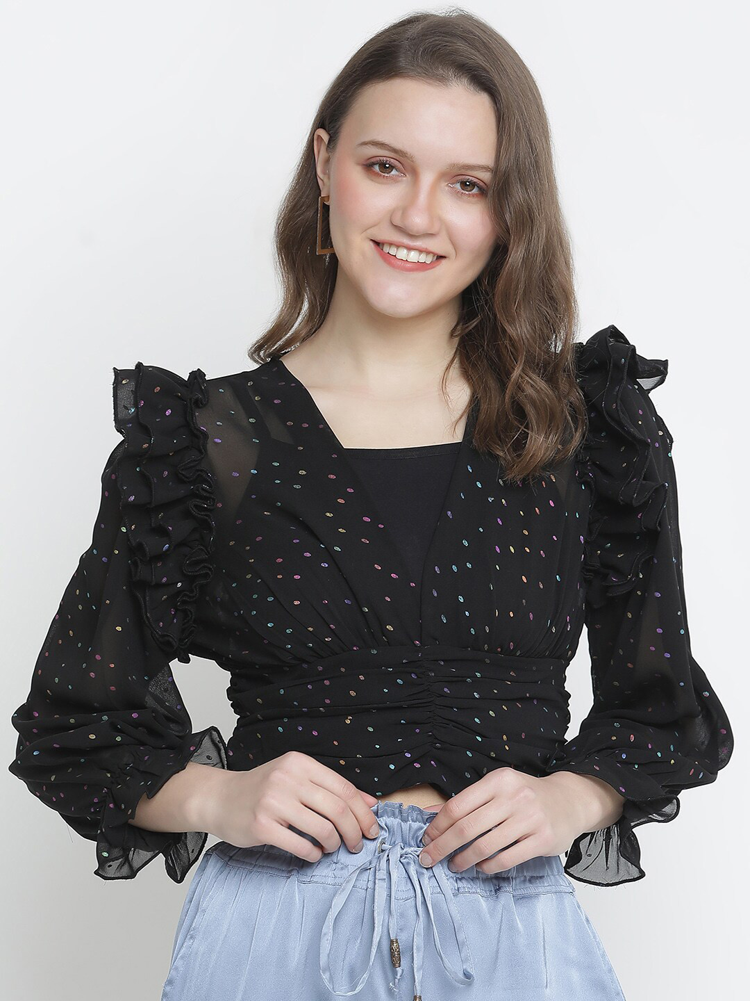 Oxolloxo Black Shimmer Black Ruffle Top