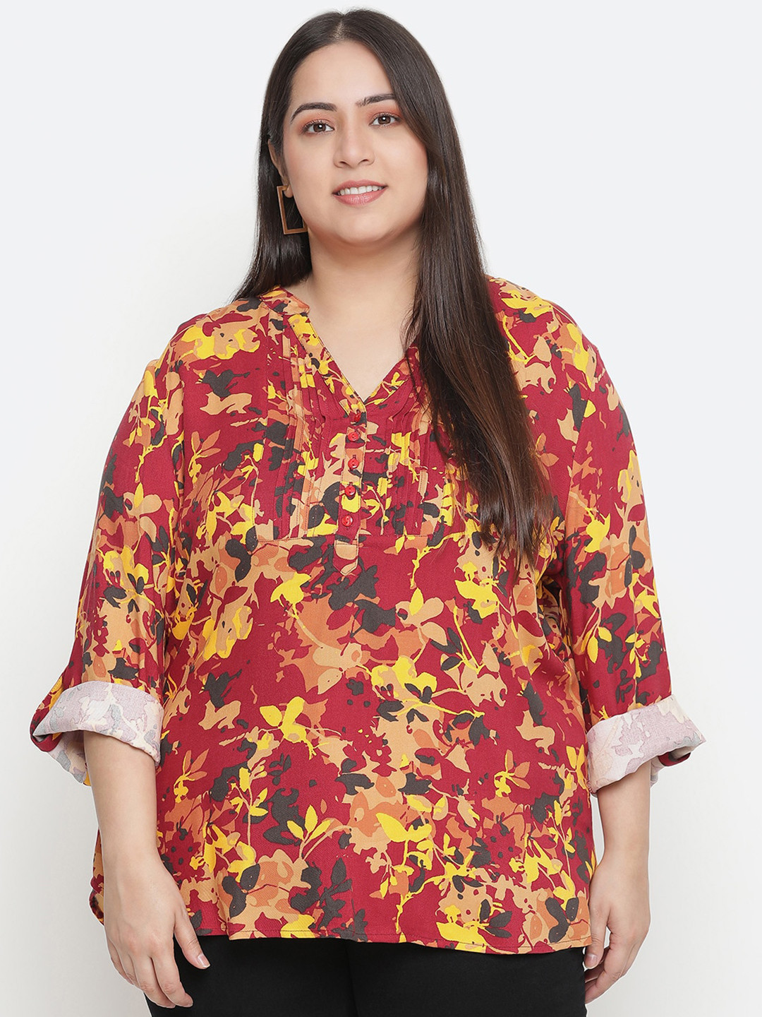 Oxolloxo Red Floral Print Roll-Up Sleeves Crepe Plus Size Top