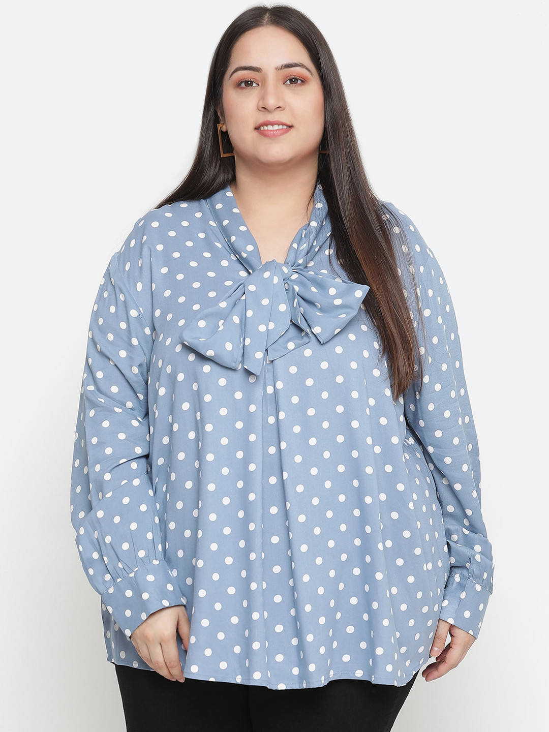 Oxolloxo Plus Size Blue & White Polka Dot Print Tie-Up Neck Crepe Shirt Style Top