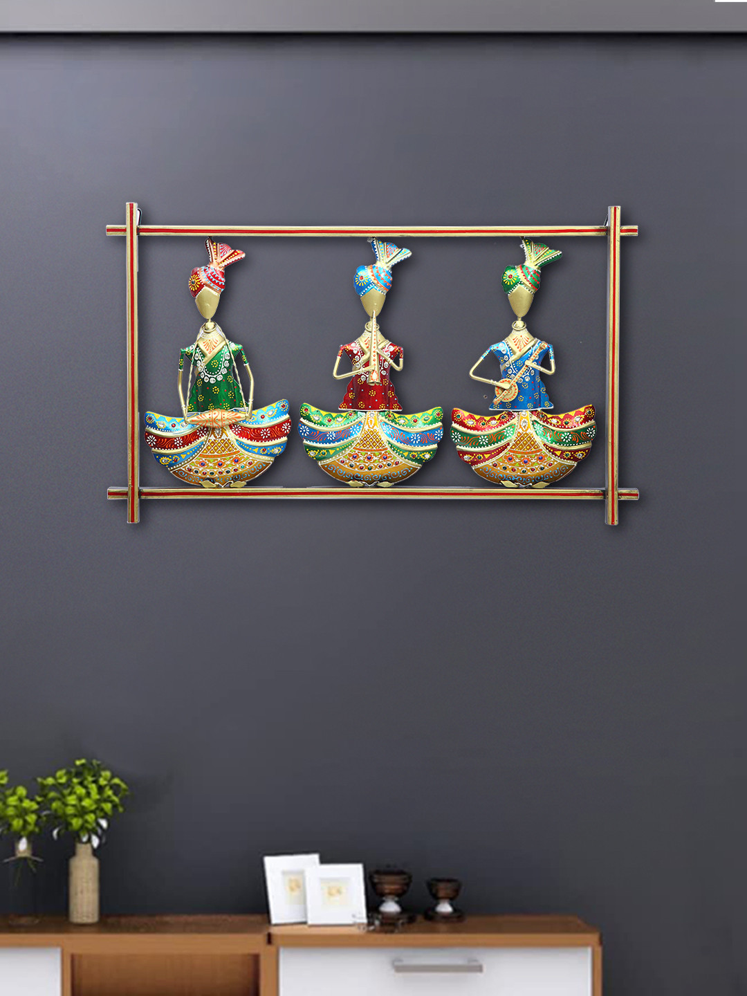 Aapno Rajasthan Vibrant 3 Sardar Metal Ethnic Motifs Glossy Hall 3Pcs Wall Hangings-15.6In