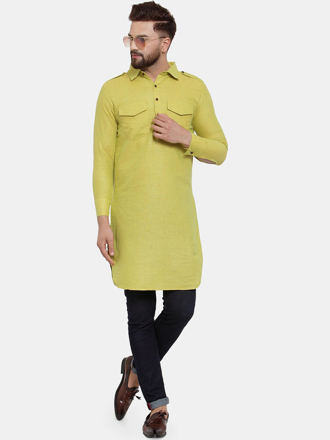 Enchanted Drapes Men Green Pure Cotton Pathani Kurta