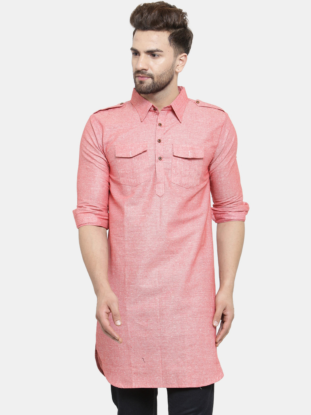 Enchanted Drapes Men Orange Pathani Pure Cotton Kurta