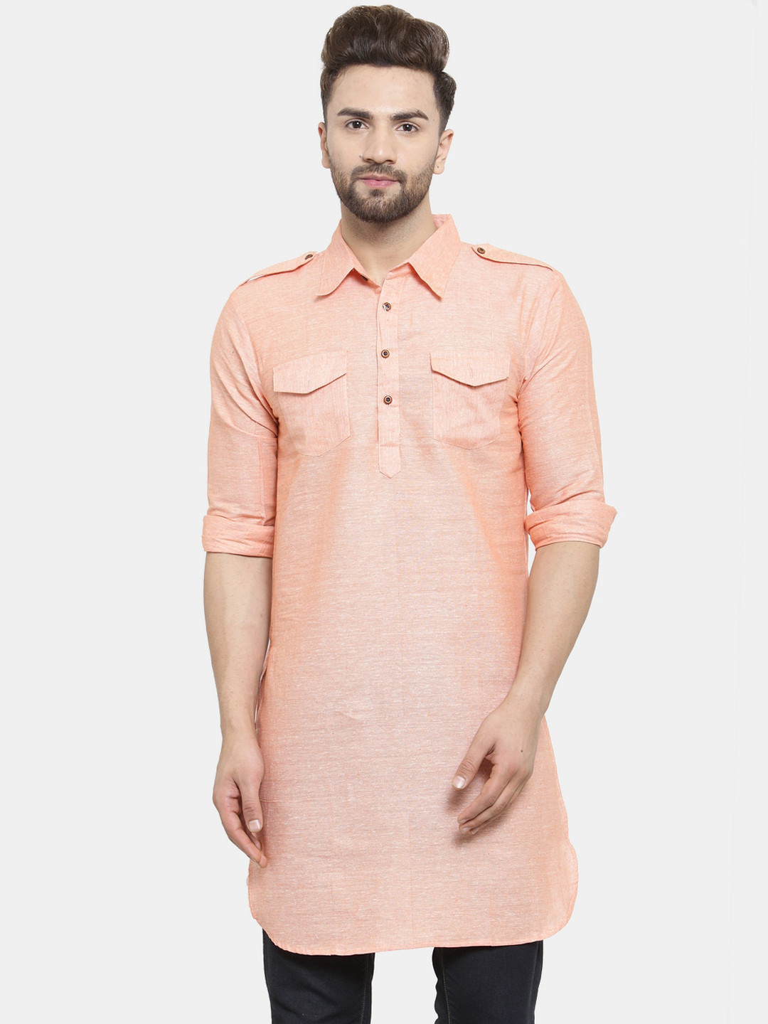 Enchanted Drapes Men Peach-Coloured Pure Cotton Pathani Kurta
