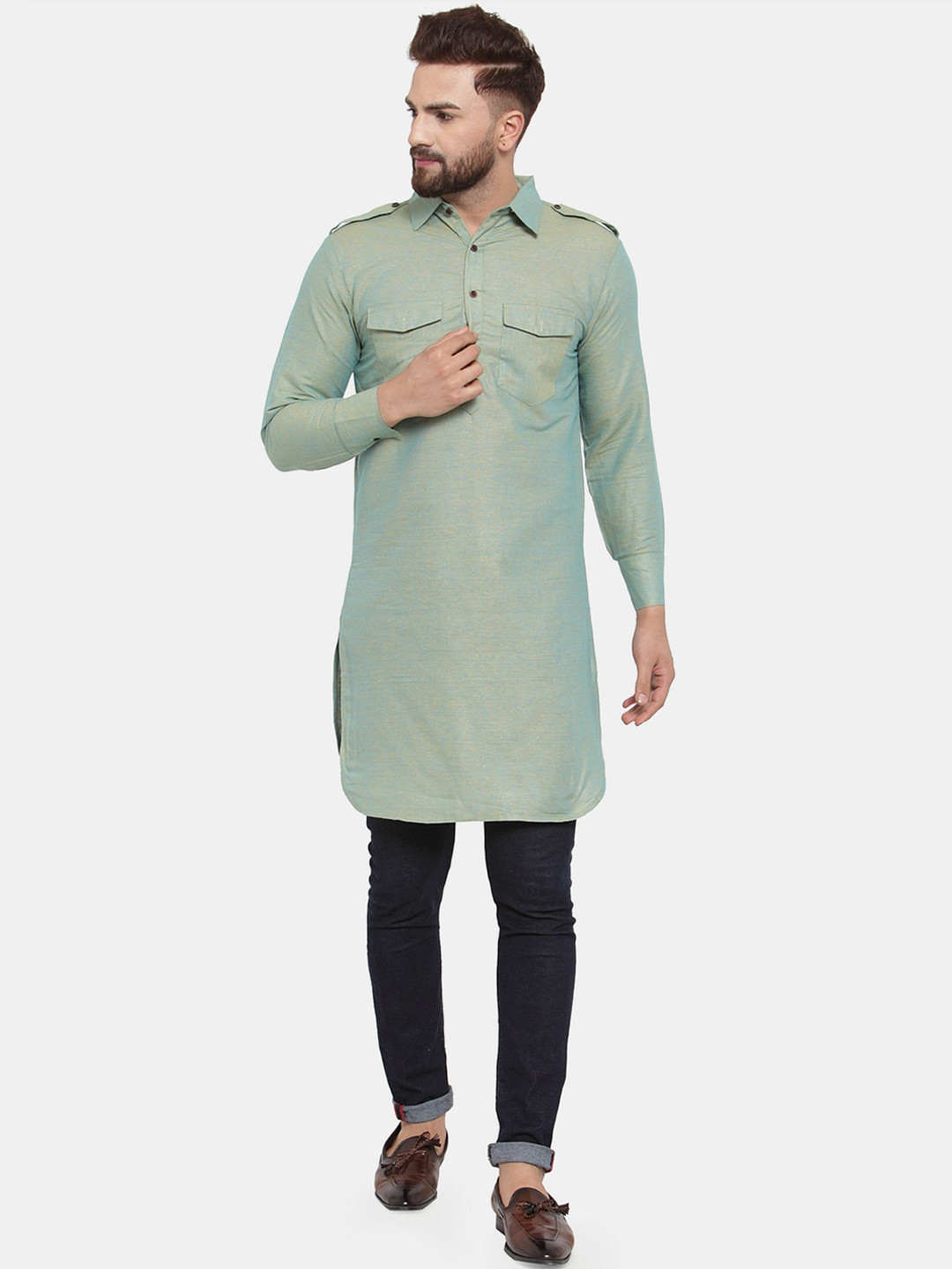 Enchanted Drapes Men Grey Pathani Pure Cotton Kurta