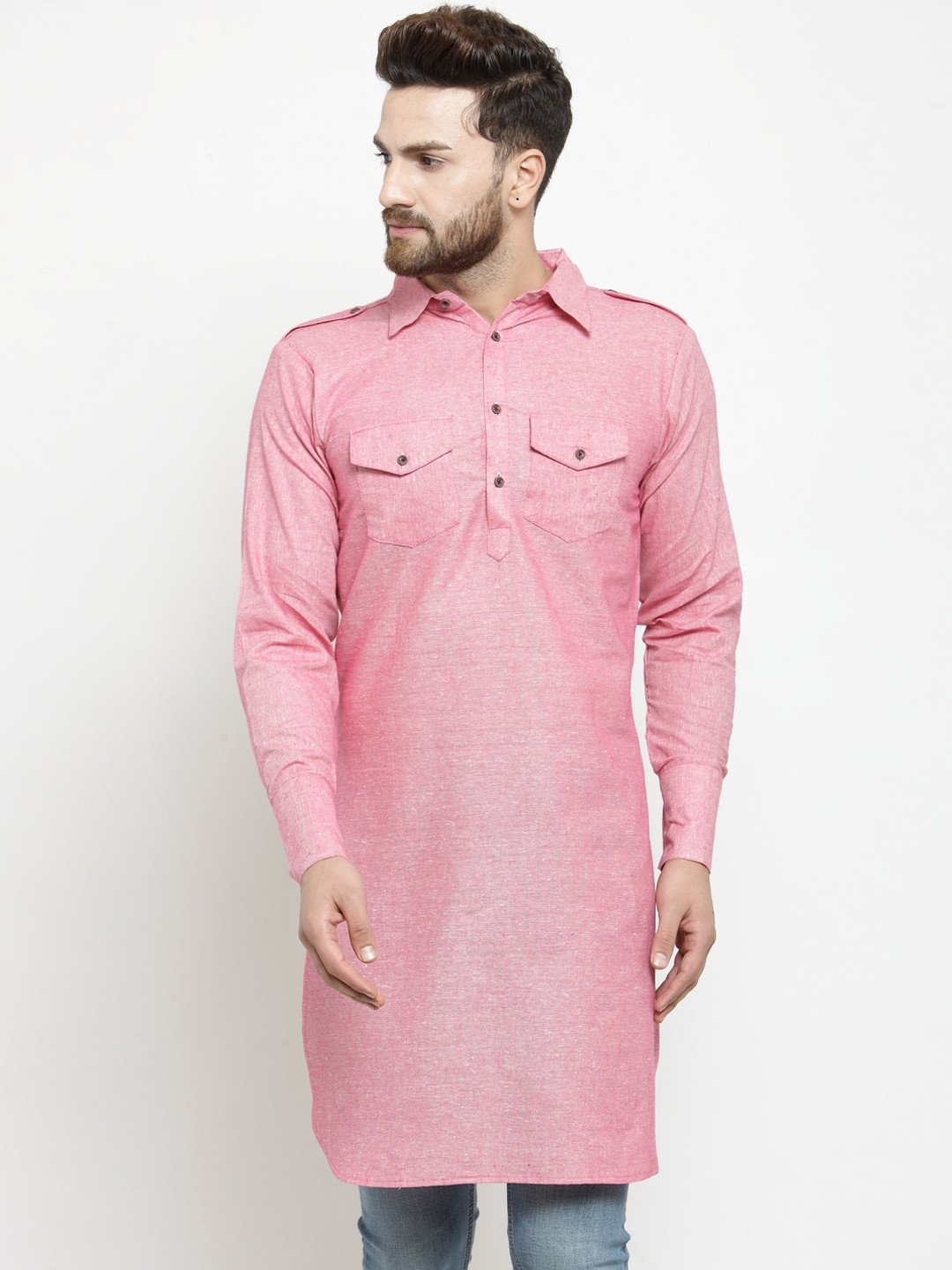 Enchanted Drapes Men Pink Pure Cotton Pathani Kurta