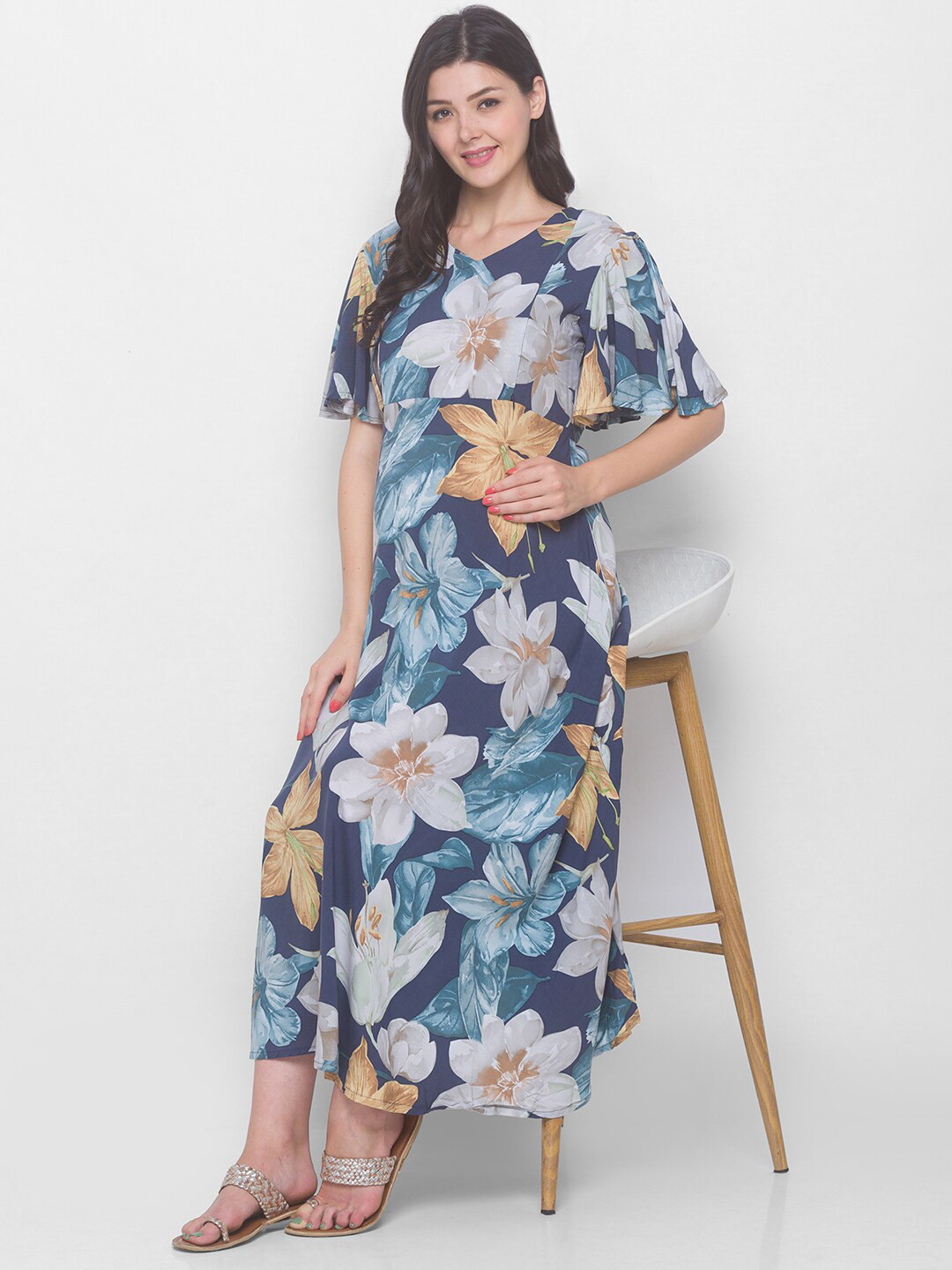 AV2 Navy Blue Floral Maternity Midi Dress