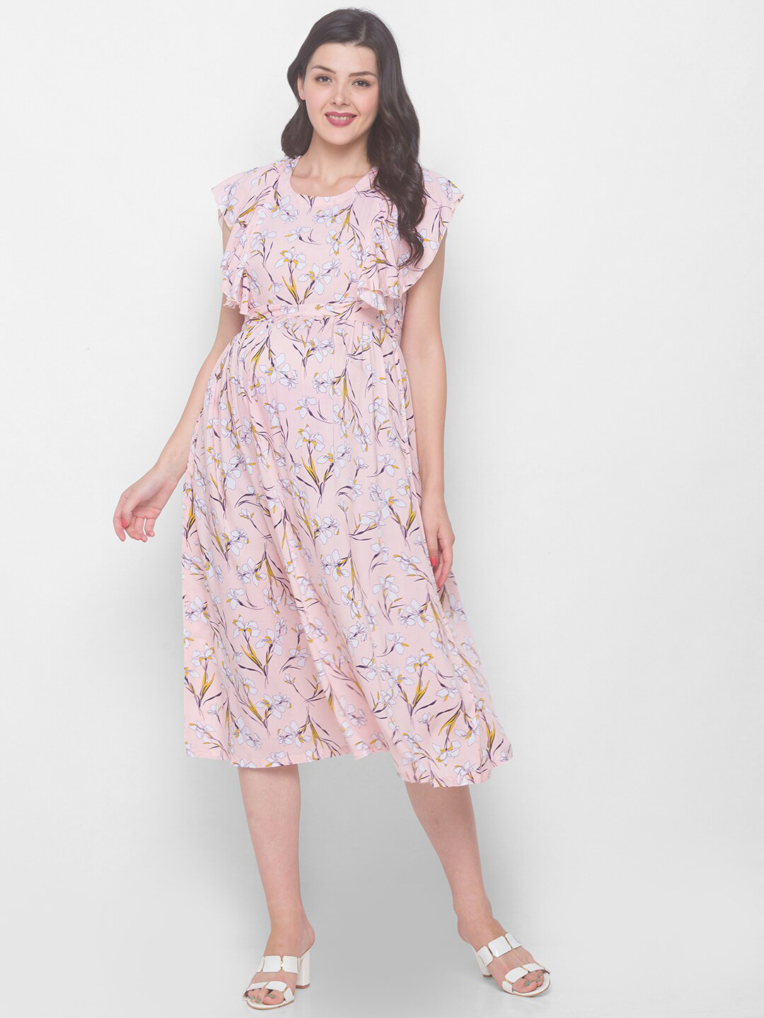 AV2 Peach-Coloured Floral Maternity Midi Dress