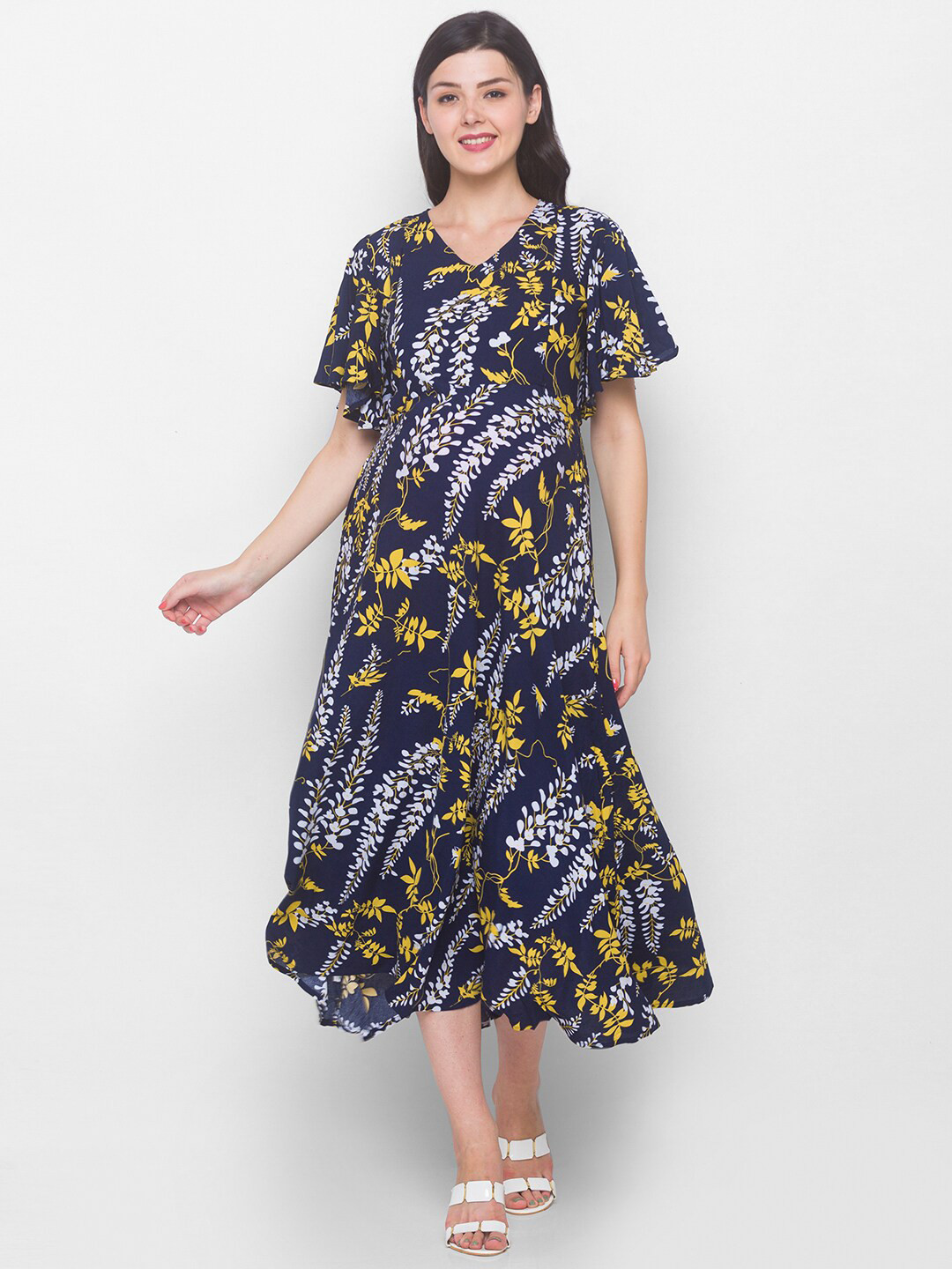 AV2 Navy Blue Floral Maternity Midi Dress