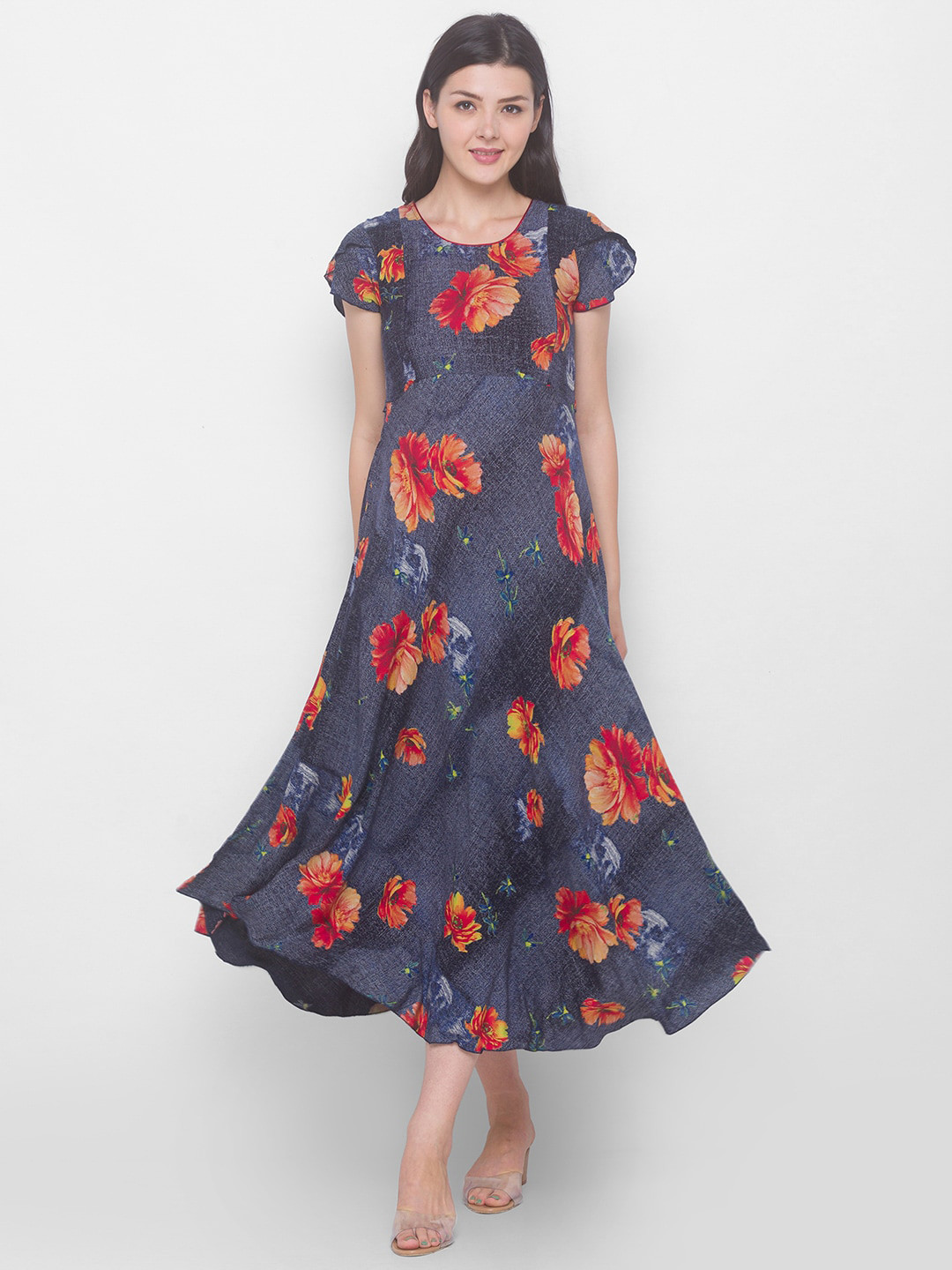 AV2 Blue & Orange Floral Maternity Midi Dress
