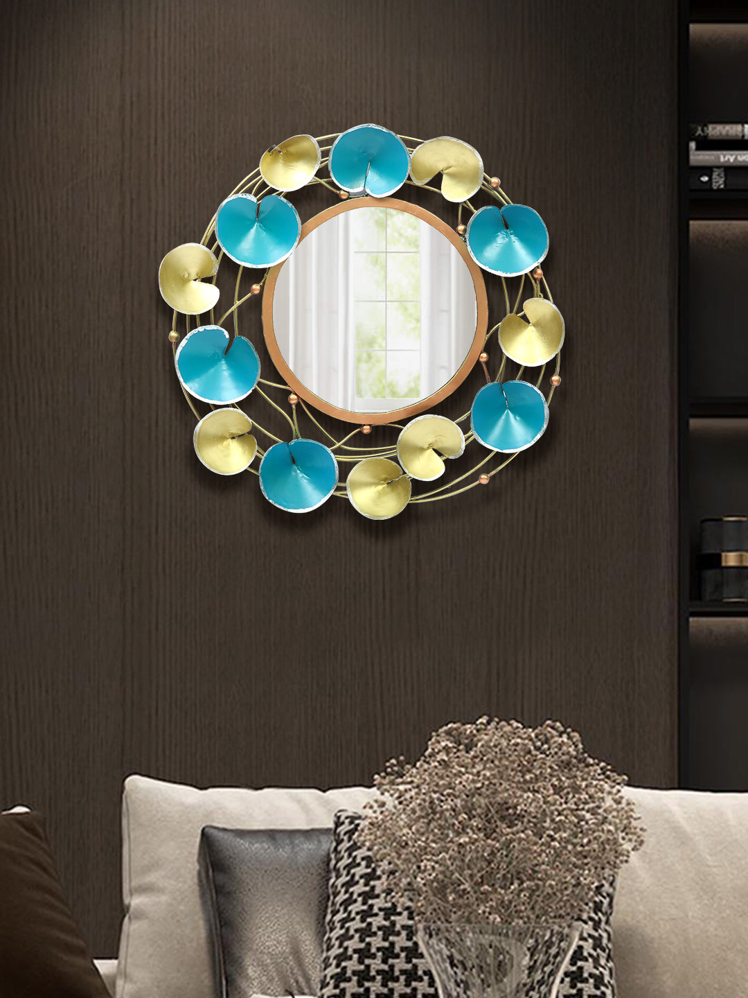 Aapno Rajasthan Gold-Toned & Blue Patterned Wall Mirror